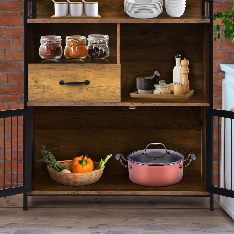 Rustic brown buffet server sideboard with steel doors, featuring open shelves and a drawer for versatile kitchen.