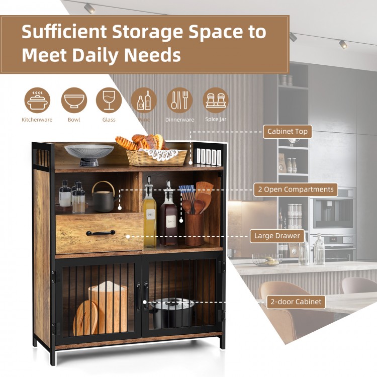 Rustic brown buffet server sideboard with steel doors, drawer, and open compartments for versatile kitchen storage.