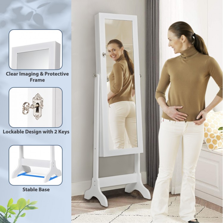 Full-length mirror jewelry cabinet in white with lockable design, featuring spacious storage and four tilting positions.
