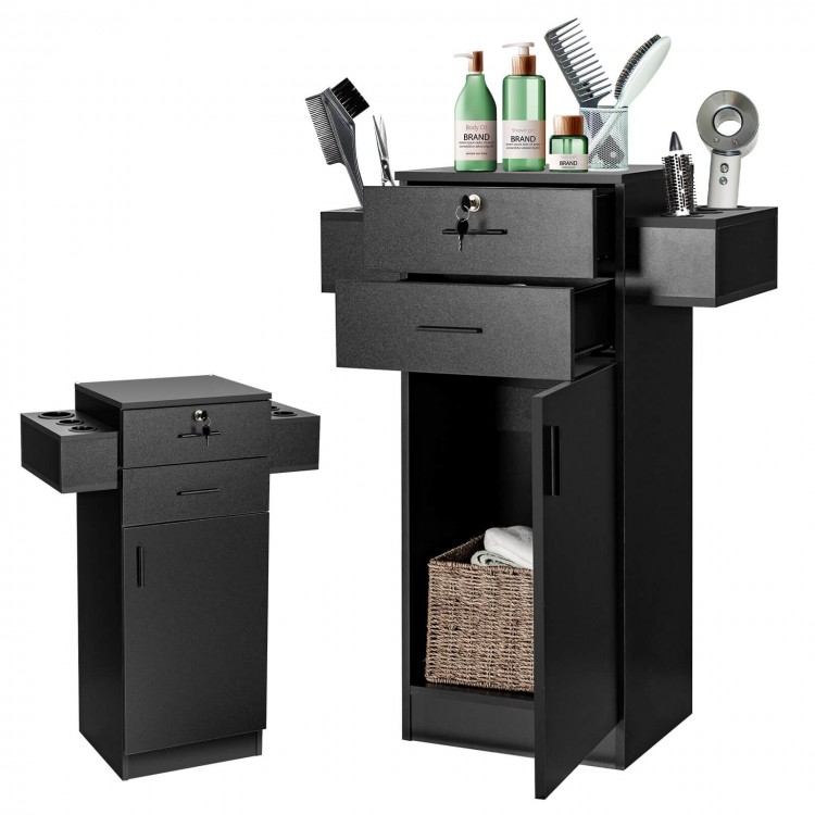 Salon station storage cabinet in black with 6 hair dryer holders, 2 drawers, and ample storage for beauty tools.