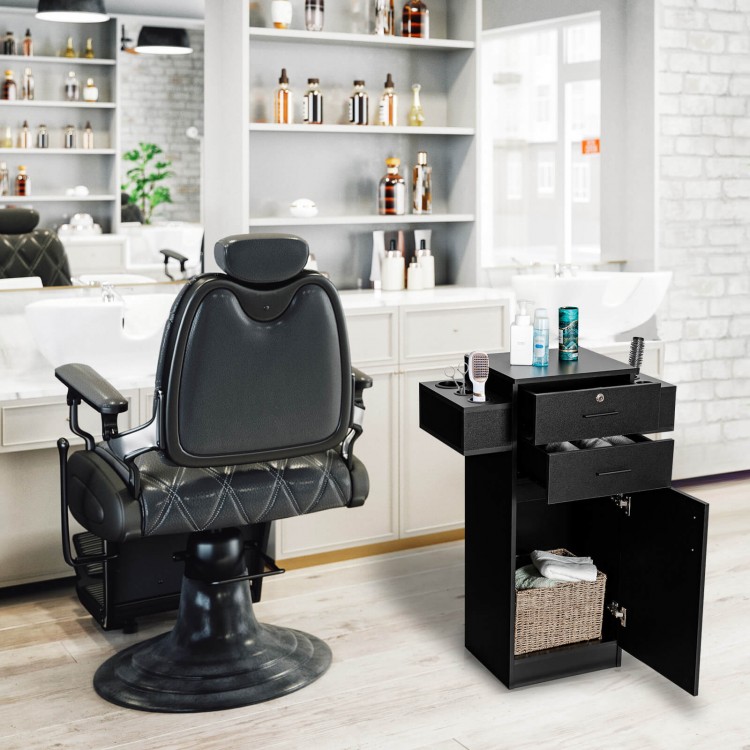 Salon station storage cabinet in black with 6 hair dryer holders, featuring pull-out drawers and ample storage for.