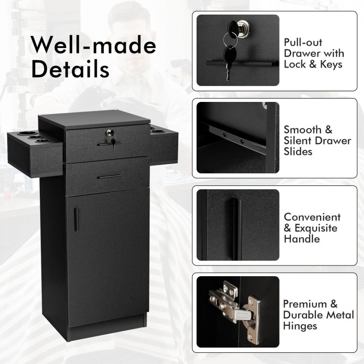 Salon station storage cabinet in black with pull-out drawers, 6 hair dryer holders, and durable metal hinges for.