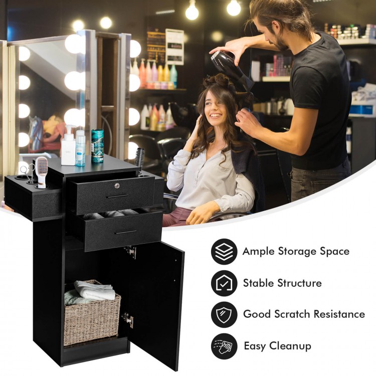Salon station storage cabinet in black with ample storage, 6 hair dryer holders, and a stylish design for beauty.