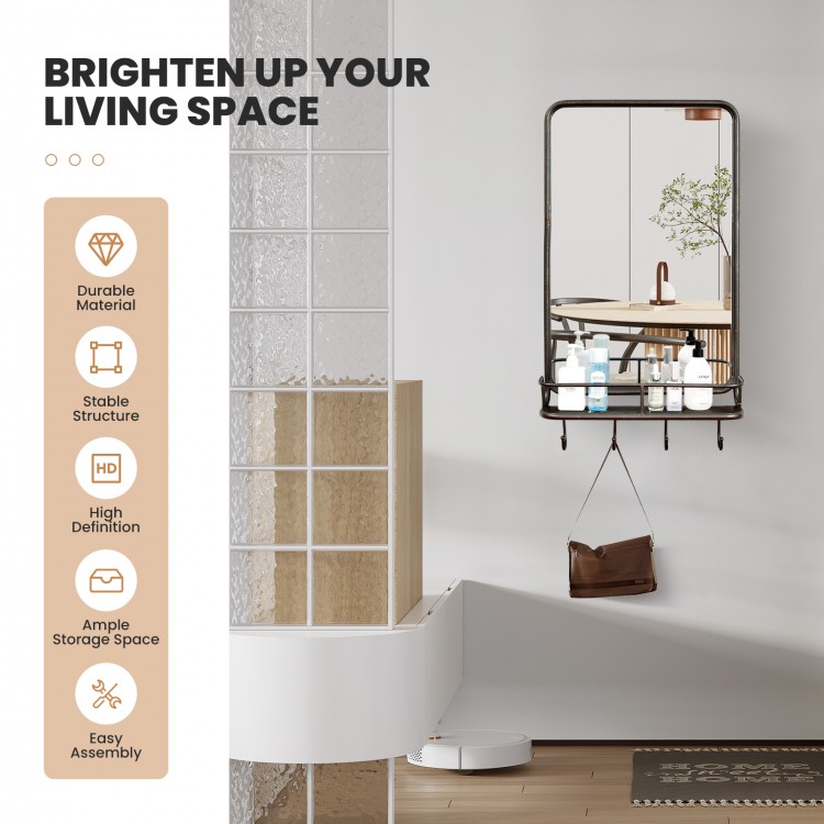 Overlarge wall bathroom mirror with sturdy metal frame, open shelf, and 4 hooks for convenient storage and decor.