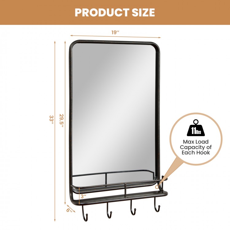 Wall bathroom mirror with shelf and 4 hooks, sturdy metal frame, 33" x 19", perfect for versatile home use.