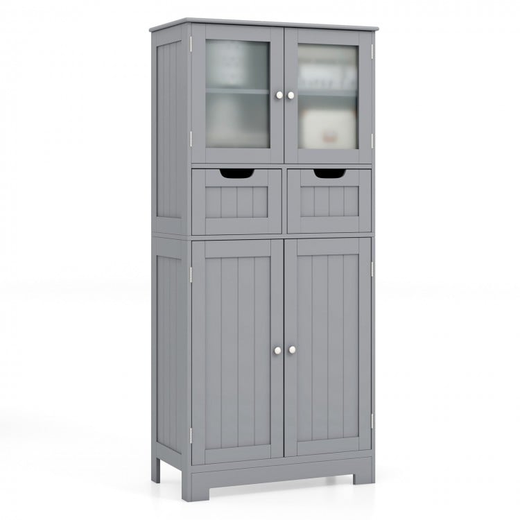 Gray 4-door free-standing bathroom cabinet with 2 drawers and glass doors, featuring adjustable shelves for versatile.