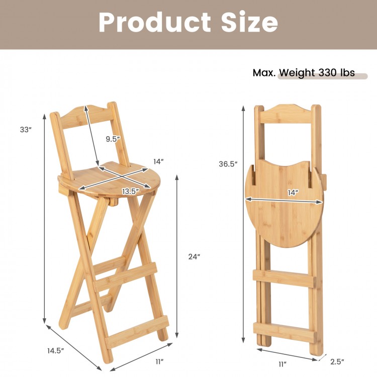 Bamboo folding barstool dimensions with ergonomic design, footrests, and handles, ideal for home or cafe use.