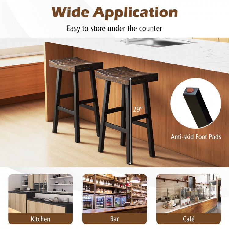 29-inch solid wood saddle-seat bar stools with curved seat surface and anti-skid foot pads, ideal for kitchen or café.