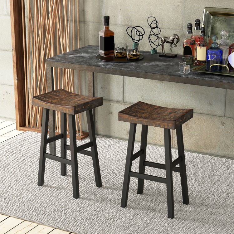 Solid wood saddle-seat stools with curved surfaces and footrests, ideal for home or cafe use, shown in a stylish.