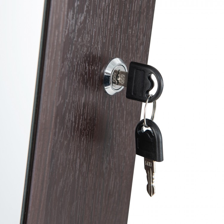 Close-up of the lock and key on the 47-inch brown lockable jewelry cabinet armoire with LED lights for secure storage.