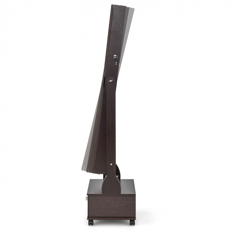 Side view of a 47-inch lockable jewelry cabinet armoire in brown with adjustable tilt and 3-color LED lights.
