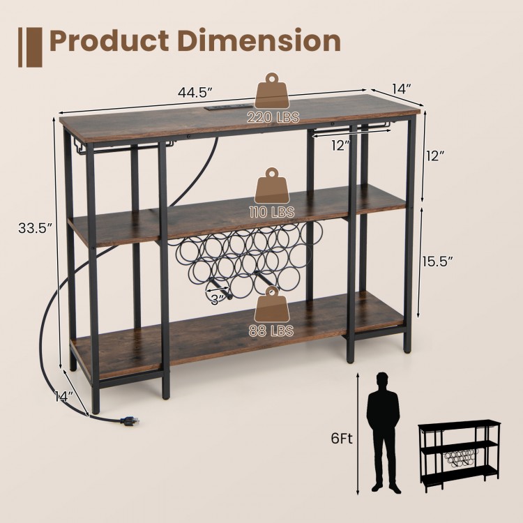 Industrial wine rack with three shelves, glass holders, and built-in charging station for versatile storage solutions.