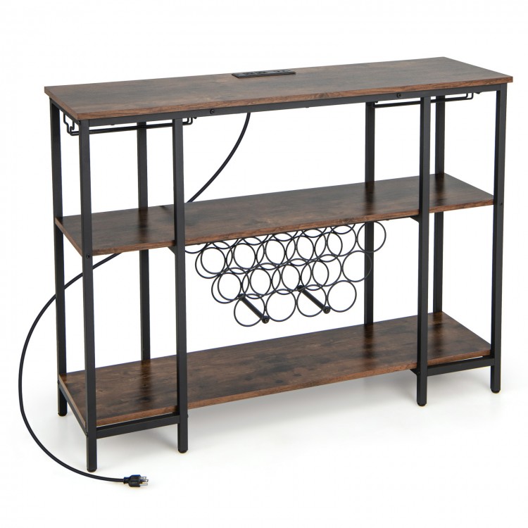 Industrial wine rack cabinet in brown with three shelves, glass holders, and built-in charging station for versatile.