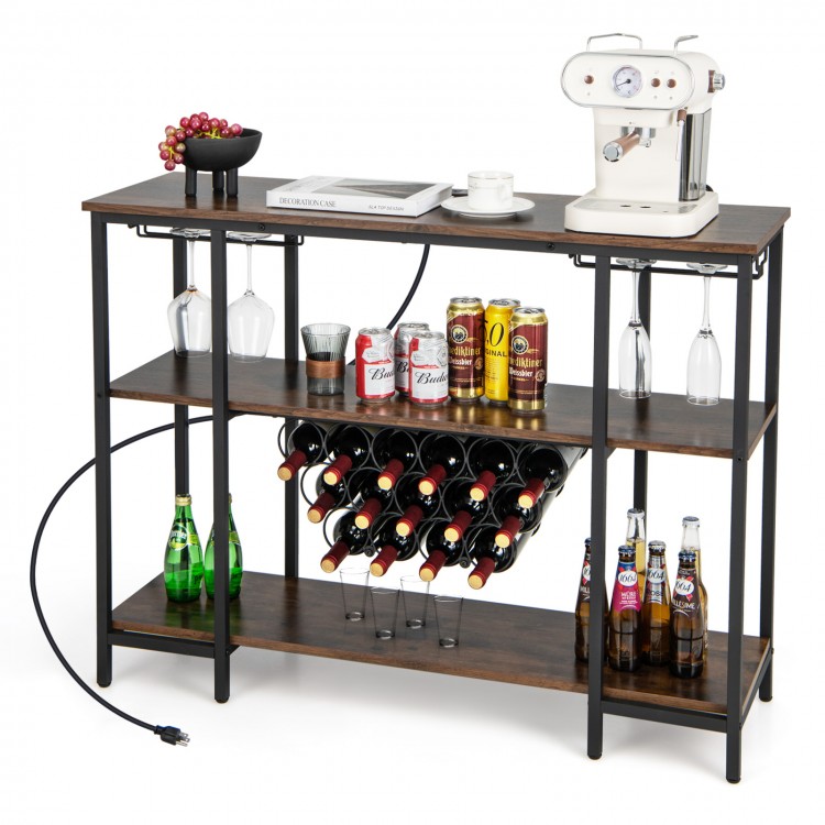 Industrial wine rack wine bar cabinet in brown with 3 shelves, 15 bottle capacity, and built-in charging station.
