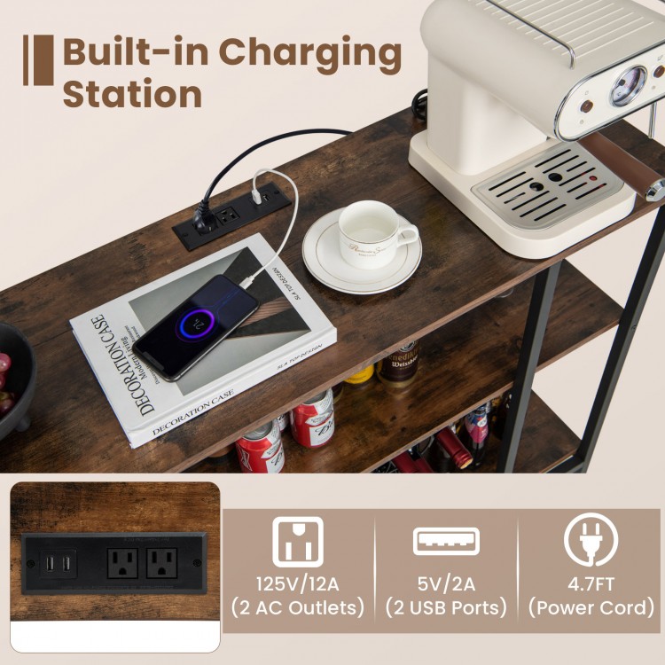 Industrial wine rack with built-in charging station, featuring 2 AC outlets and 2 USB ports for convenient storage.