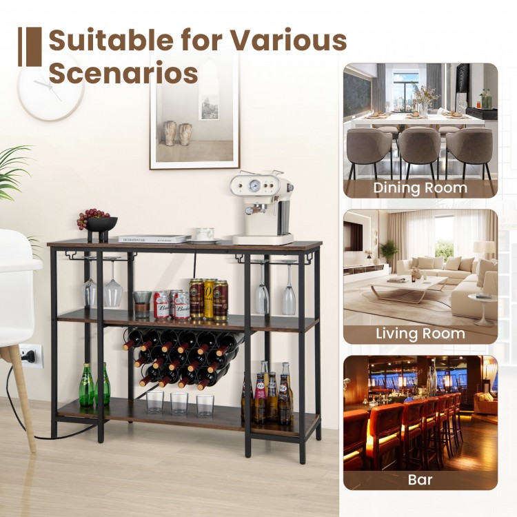 Industrial wine rack with 3 shelves, 15 bottle capacity, and charging station, ideal for dining or bar settings.