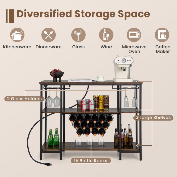 Industrial wine rack with 3 large shelves, 15 bottle racks, and 2 glass holders for versatile storage and decor.
