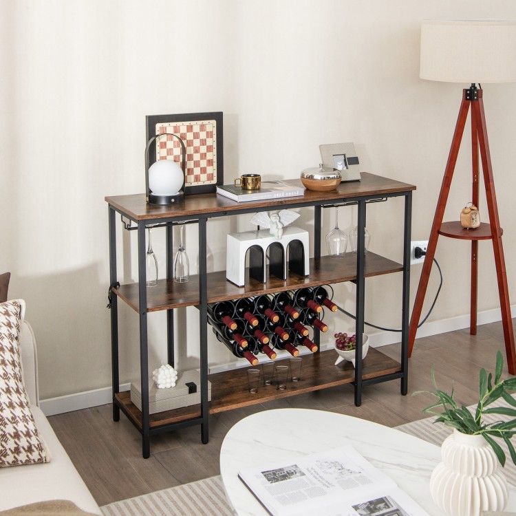 Industrial wine rack cabinet in brown with 3 shelves, 15 bottle capacity, and built-in charging station for versatile.