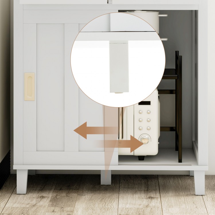 Close-up of the sliding door mechanism on the white freestanding kitchen pantry with adjustable shelves and sturdy legs.