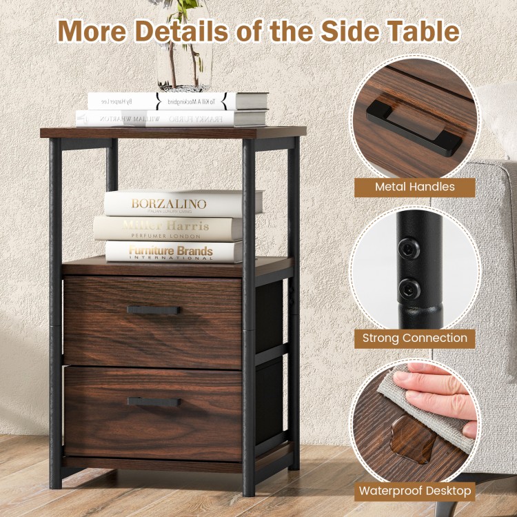 3-tier retro nightstand in walnut finish with 2 removable fabric drawers and open shelf, perfect for bedroom or living.