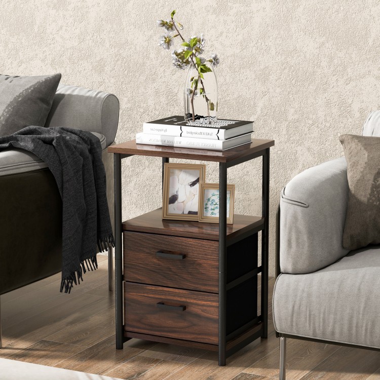 3-tier retro nightstand in walnut with 2 removable fabric drawers and open shelf, perfect for bedroom or living room.