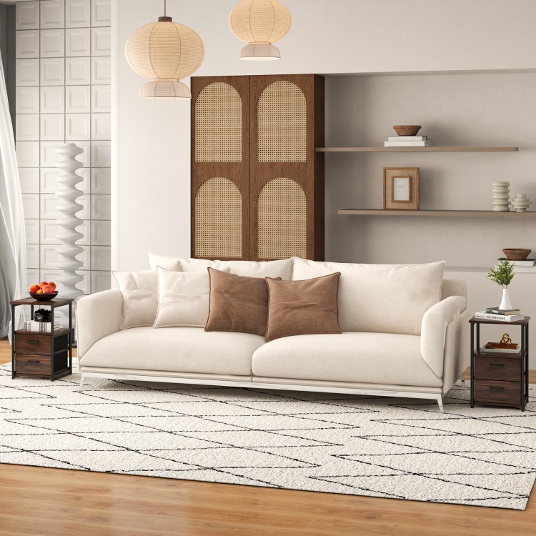 Side view of the 3-tier retro nightstand in walnut, featuring 2 removable fabric drawers and an open shelf for easy.