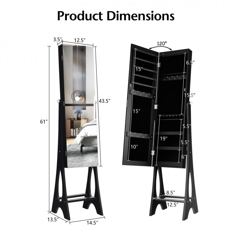 Standing mirror jewelry cabinet in black with dimensions, featuring LED lights and organized storage for jewelry.