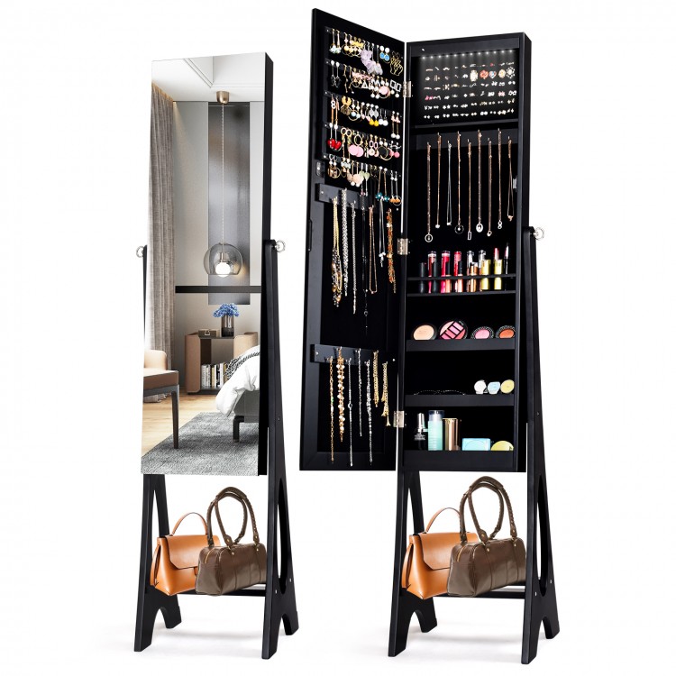 Standing mirror jewelry cabinet in black with LED lights, featuring organized storage for jewelry and accessories.