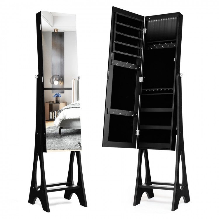 Standing mirror jewelry cabinet in black with LED lights, featuring organized storage for earrings, rings, and.