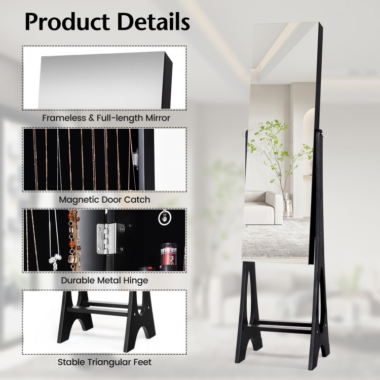 Close-up view of the black standing mirror jewelry cabinet, highlighting the durable metal hinge and magnetic door.