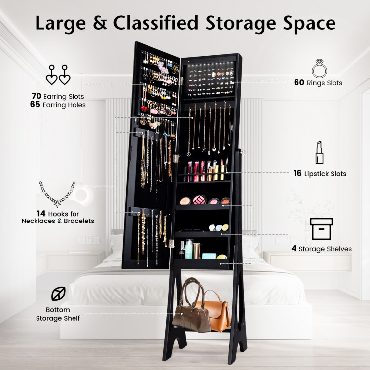 Standing mirror jewelry cabinet in black with LED lights, featuring 60 ring slots, 65 earring holes, and 3 shelves.