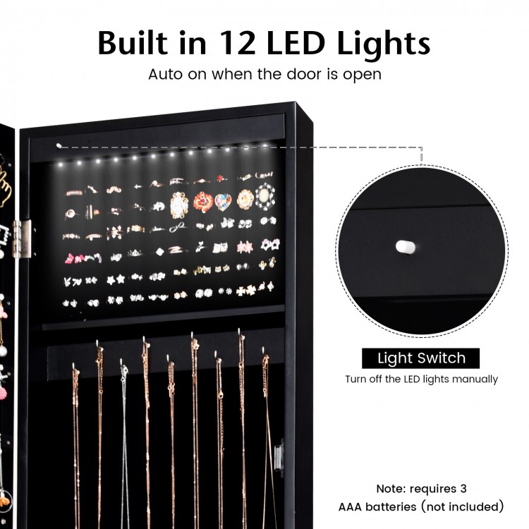 Standing mirror jewelry cabinet in black with built-in LED lights, designed for organized jewelry storage and stylish.