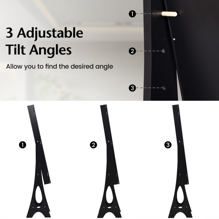 Adjustable tilt angles of the Standing Mirror Jewelry Cabinet in black, designed for optimal viewing and organization.