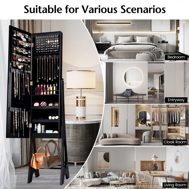 Standing mirror jewelry cabinet in black with LED lights, featuring organized storage for jewelry and stylish design.