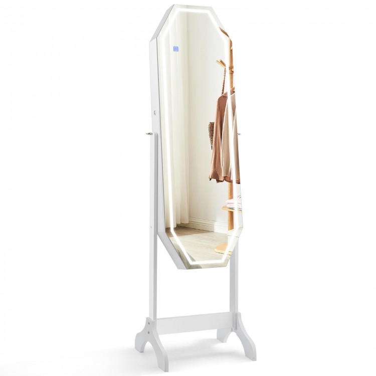 Freestanding jewelry cabinet armoire with touch control LED mirror, showcasing a sleek octagonal design and stable.