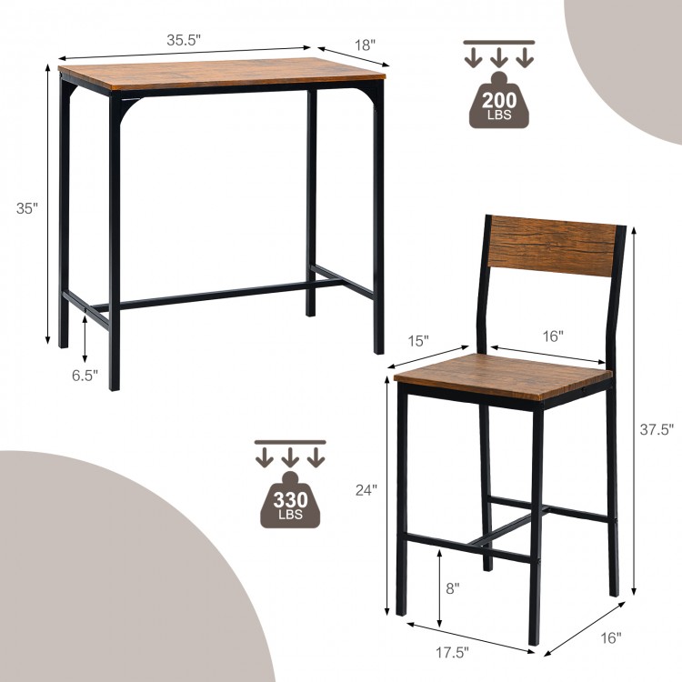 Bar table set featuring a natural wood grain finish with two stools, perfect for dining rooms or kitchens.