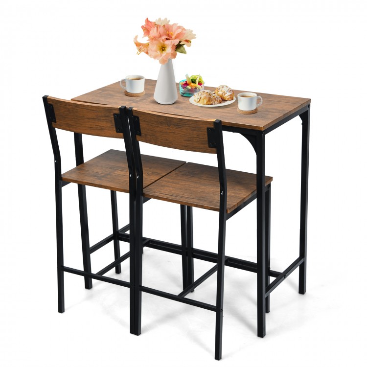 Bar table set with two stools in black, featuring a wood grain tabletop and ergonomic backrests, ideal for dining or.