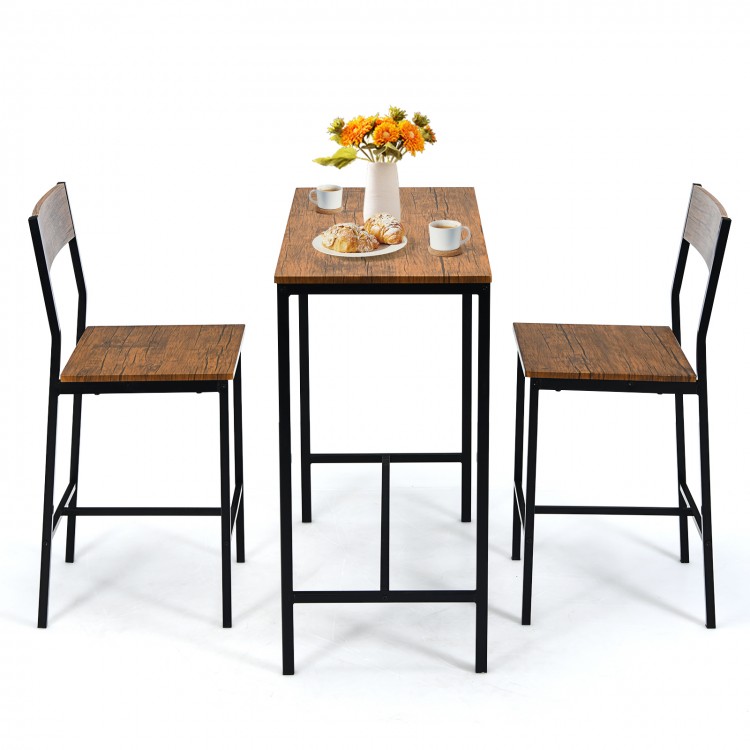 Bar table set with two stools in black, featuring a wood grain tabletop and ergonomic backrests, perfect for dining or.