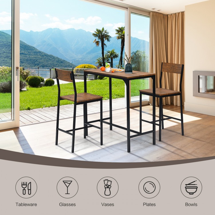 Bar table set with two stools in a stylish design, featuring a wood grain finish and ergonomic backrests for comfort.