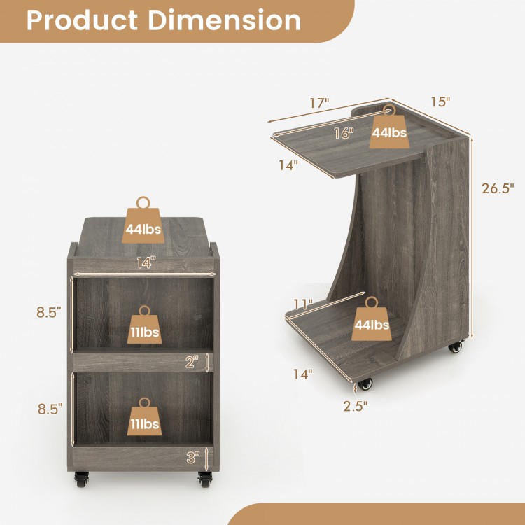 C-shaped rolling end table in gray with 2-tier shelves, ideal for small spaces and versatile use beside a sofa.