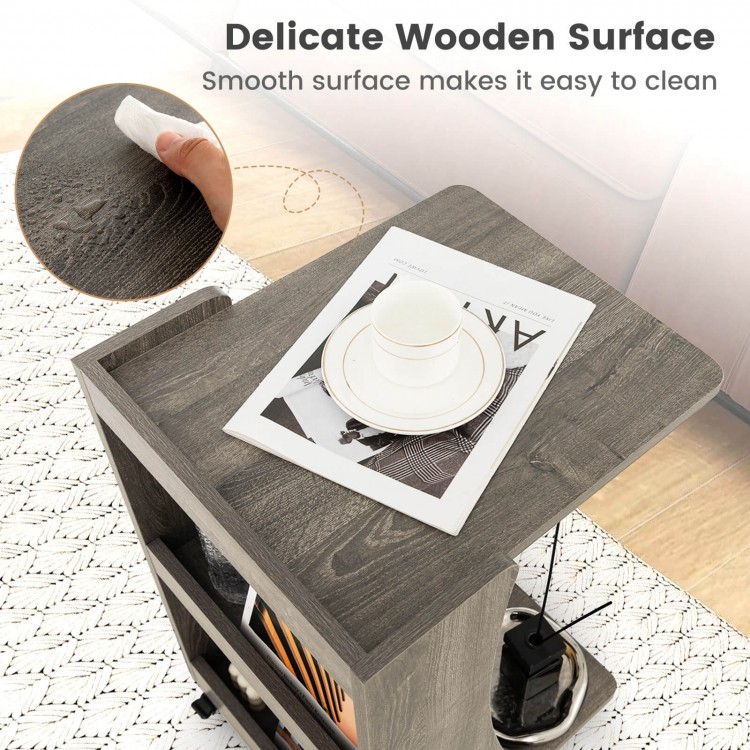 C-shaped gray end table with smooth wooden surface, featuring 2 open shelves and rolling wheels for easy mobility.