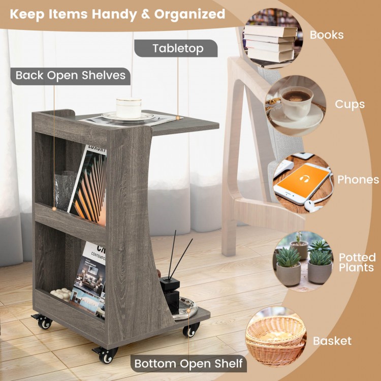 C-shaped gray rolling end table with 2 open shelves, ideal for books and cups, perfect for small spaces.