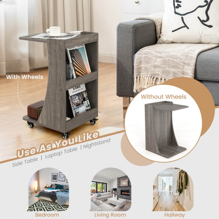 C-shaped rolling end side table in gray with 2-tier shelves, ideal for living room or bedroom use.