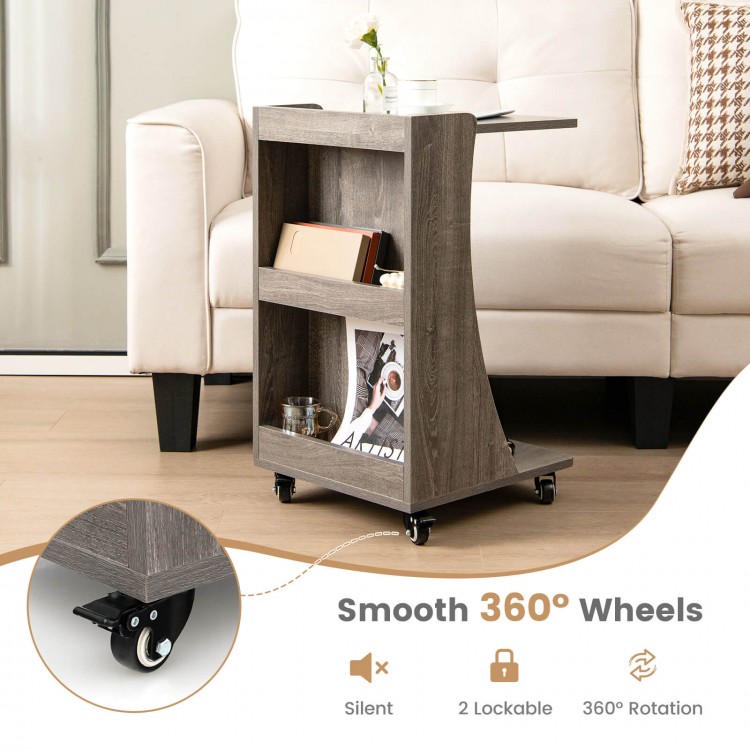 C-shaped rolling end table in gray with 2 shelves and smooth 360° wheels, perfect for living room or bedroom use.