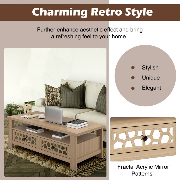 Natural 3-tier coffee table showcasing unique fractal acrylic mirror patterns on the drawer fronts, enhancing elegant.