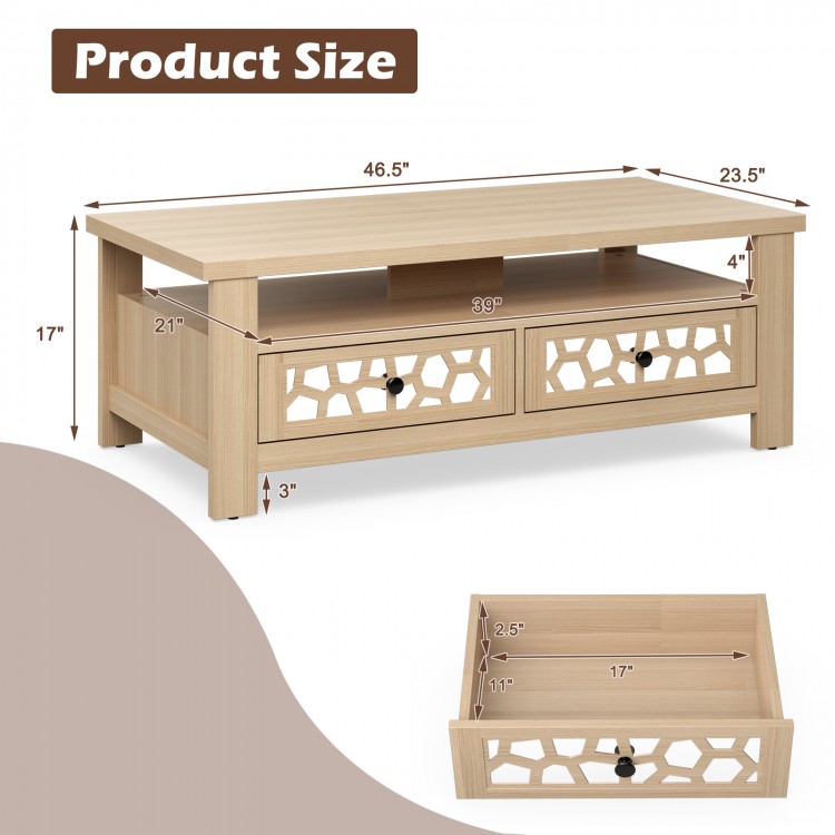 3-tier coffee table in natural finish with 2 drawers, open shelf, and 5 support legs for versatile living room use.