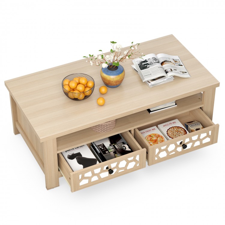 Natural 3-tier coffee table with 2 drawers, wide tabletop, and 5 support legs for versatile living room use.