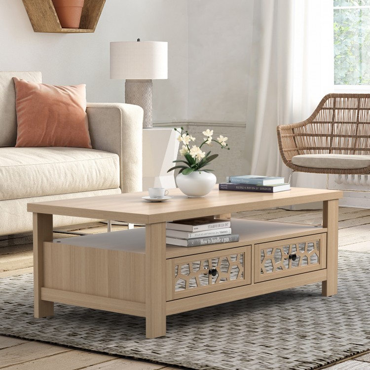 Natural 3-tier coffee table with two drawers and open shelf, perfect for living room storage and display.