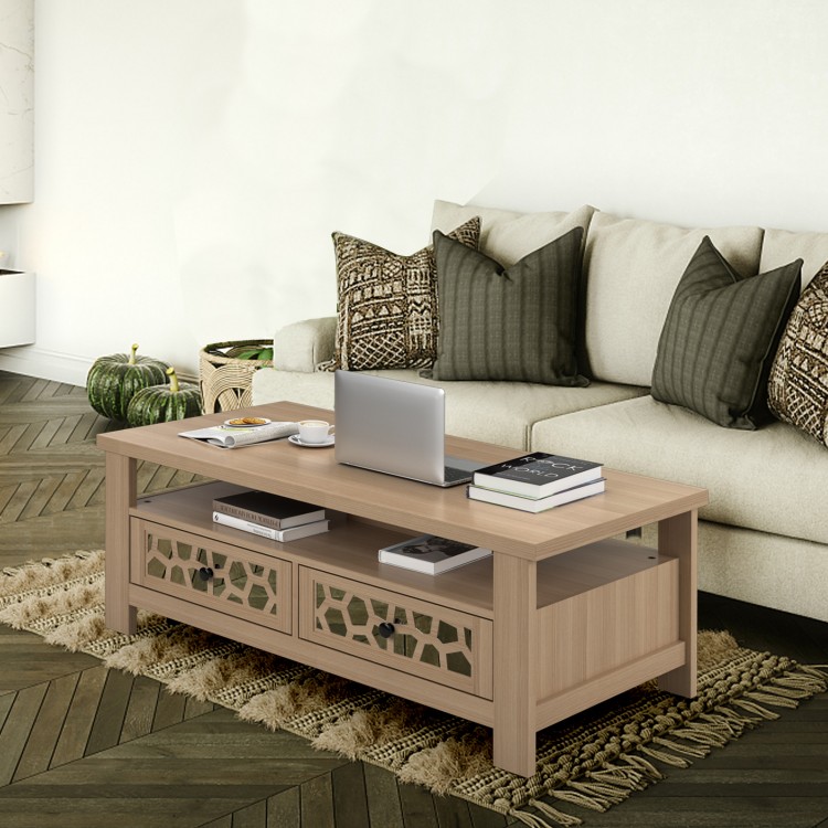 3-tier coffee table in natural finish with 2 drawers, wide tabletop, and 5 support legs for versatile living room use.