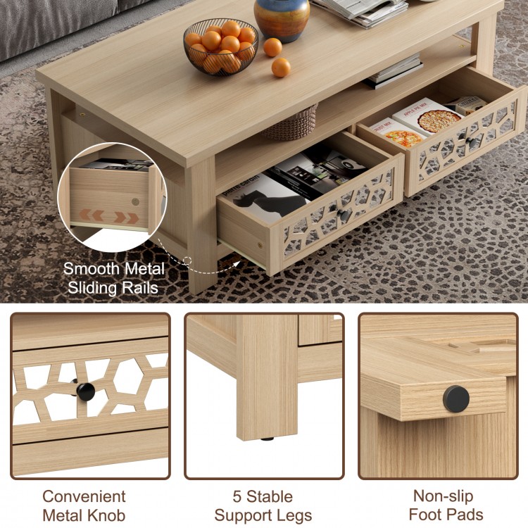 3-tier coffee table in natural finish with 2 drawers, 5 support legs, and smooth metal sliding rails for easy access.